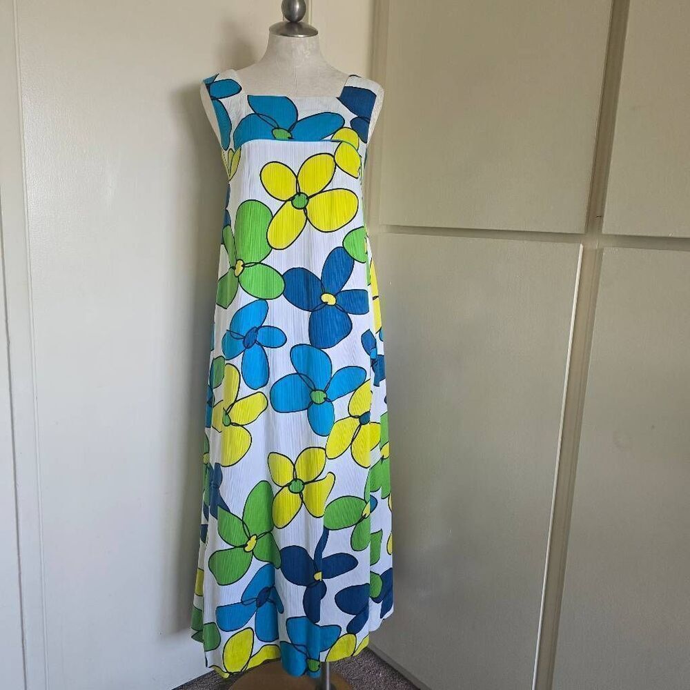 Malahini Designers Collection Hawaii Slvls Drs, Pop Art Floral, Wht/Blue/Grn,VTG